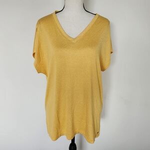 Orvis Shirt Top Mustard Yellow V-Neck Knit Lightweight Cap Sleeve Soft Cozy M